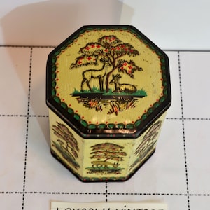 Rare Vintage asian style biscuit tin box with hinged lead and embossed deer and trees, made by Peek Frean & CO, LTD London in 1950&#39;s