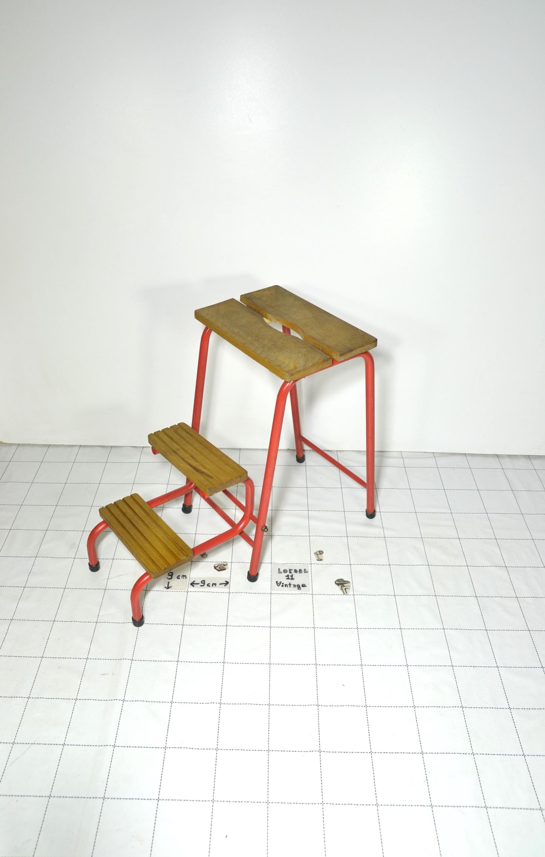 Vintage Red Folding Step Stool: Wooden Metal Retro Kitchen Ladder Plant ...