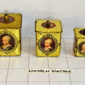 Vintage Dutch Tin Canister Set: Famous Paintings, Gold Color