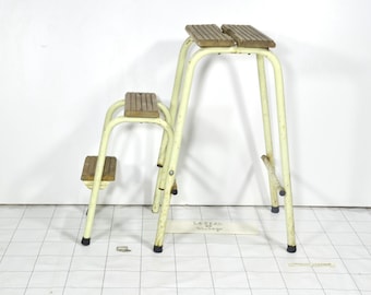Vintage Folding Step Stool Chair – Mid Century Metal & Wood Ladder