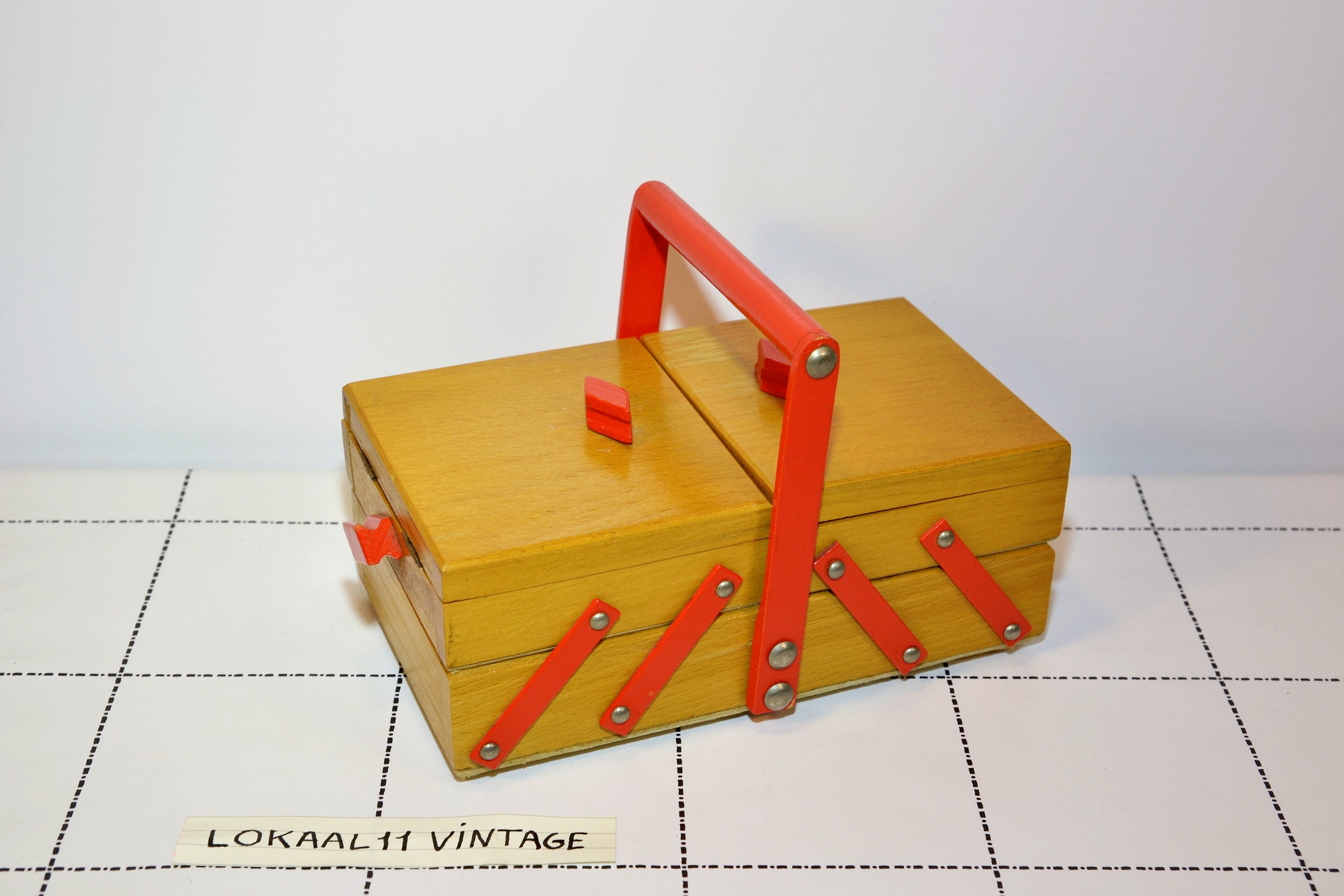 Vintage sewing box for Children, my first Sewing box For Kid, a small Accordion Wooden box with Red knob, my sewing storage, 1960's