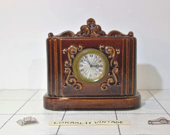 Vintage Art Nouveau Ceramic Mantel Clock, Dark Brown Glaze, c.1920