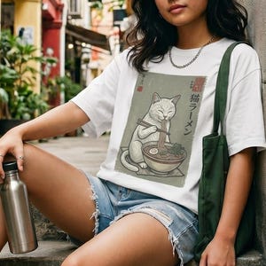 Japansk Ramen katt-t-shirt med sent på kvällen | Ukiyo-e-grafik