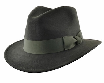 Cappello Trilby Fedora da uomo in feltro di lana Indiana 100% Crushable con fascia larga