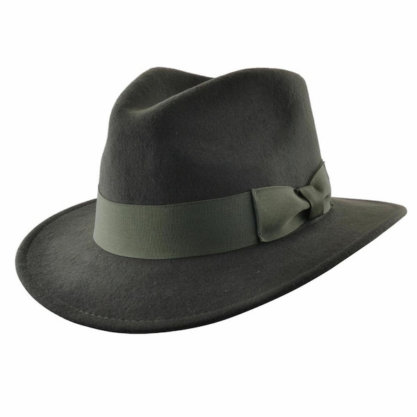 Gents Crushable Indiana 100%Wool Felt Fedora Trilby Hat With Wide Band