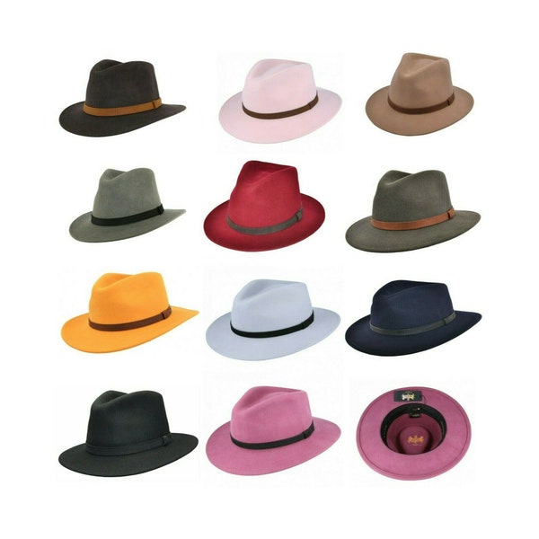 Chapeau Fedora en feutre de laine avec bande en cuir Chapeau Trilby à bord large Chapeau fedora déformable fait main pour hommes et femmes Chapeau de voyage