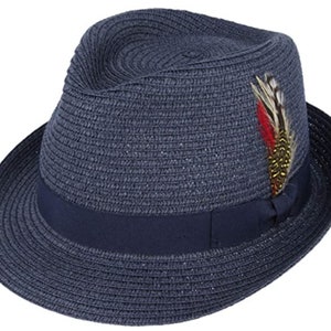 Unisex Straw Crushable Foldable Summer Trilby Hat with Removable Feather