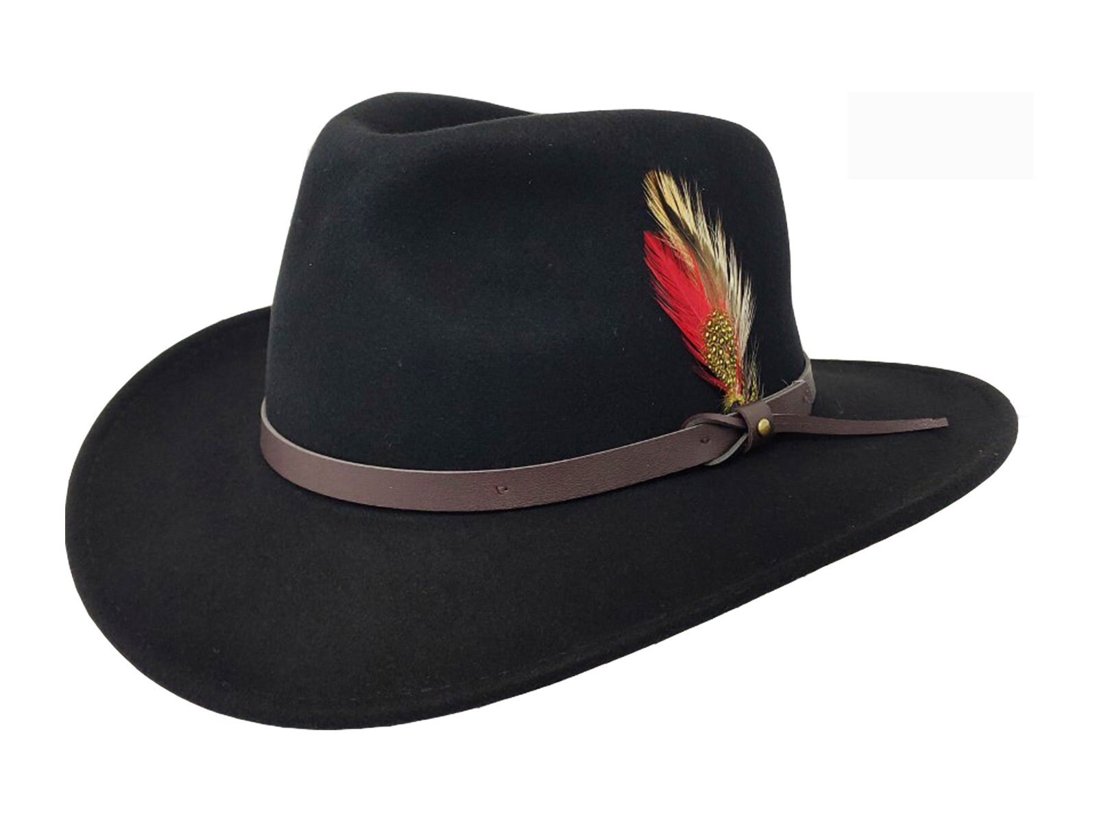 Handmade Crushable Indiana 100%Wool Felt Cowboy Fedora Hat with Leather Band and Feather
