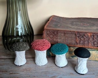 Handcrafted Button Mushroom Decor - Vintage Fabric Caps, Set of 4