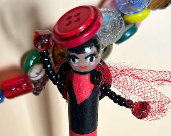 Handpainted Clothespin Doll Statuette – Vintage Button Girl on Spool