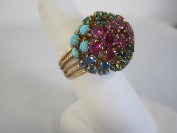 Vintage 14K Bouquet Cluster Gemstone Ring - image 3