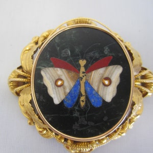 Victorian Pietra Dura Butterfly 14K Gold Brooch