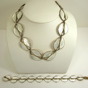 David Andersen Sterling Silver Gold Wash White Guilloche Enamel Leaf Necklace and Bracelet Set Norway