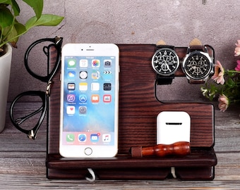 Personalized Wood Docking Station: Phone Stand, Desk Organizer, Mens Gift