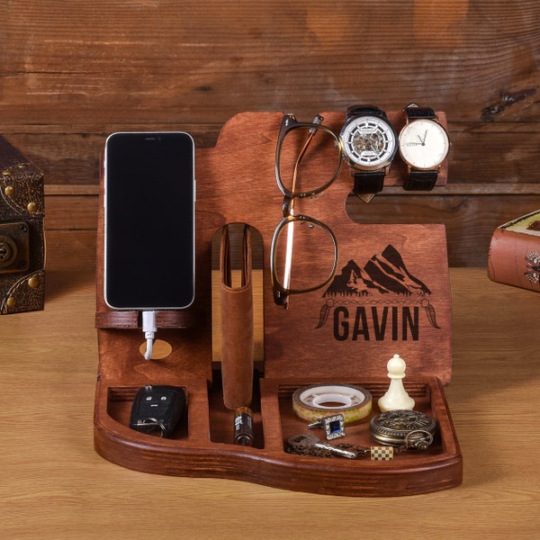 Mens Valet Stand Unique holiday gift Mens Wood Valet Tray Charging Dock Mens Wood Valet Box Wooden, Docking Station gifts for men