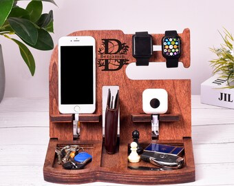 Personalisierte Holz Dockingstation: Telefon Ladestation & Schreibtisch Organizer