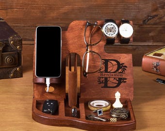 Gepersonaliseerde houten dockingstation: telefoonhouder bureau voor meerdere apparaten