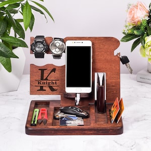 Docking Station Anniversary gift men Nightstand organizer Glasses holder Charging dock Wood Organizer Wooden phone stand