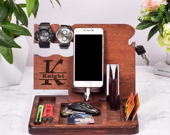 Estación de acoplamiento de madera personalizada: organizador de mesita de noche, soporte para cargar el teléfono