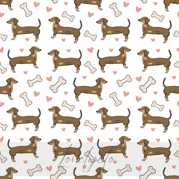 Wiener Dog Love Bone Dachshund Dog Puppy Seamless Pattern Files for Fabric Printing Digital Paper File