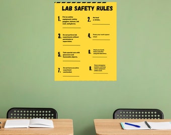 May include: A yellow and black poster with the title "Lab Safety Rules" and eight numbered safety rules for a laboratory setting.
