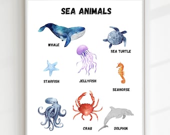 Cartel de animales marinos, impresión educativa, arte de pared imprimible, Montessori, decoración de la escuela en el hogar, decoración del aula, DESCARGA DIGITAL