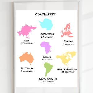 Pôster de geografia dos continentes, impressão educacional, arte de parede para impressão, Montessori, decoração de escola em casa, decoração de sala de aula, DOWNLOAD DIGITAL