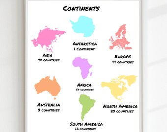 Continents Geography Poster,Educational Print, Printable Wall Art, Montessori, Homeschool Decor, Classroom Decor, DIGITAL DOWNLOAD