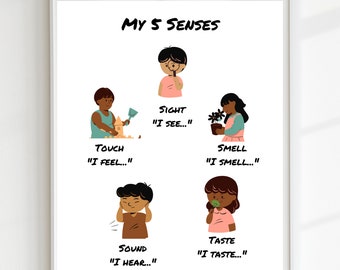 Mis 5 sentidos cartel, impresión educativa, arte de pared imprimible, Montessori, decoración de la escuela en el hogar, decoración del aula, DESCARGA DIGITAL