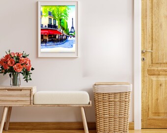 Watercolor Paris Street Painting, Printable Wall Art, Home Decor, Paris France Painting, DIGITAL DOWNLOAD