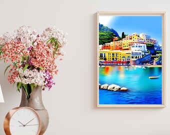 Watercolor Amalfi Coast Painting, Printable Wall Art, Home Decor, Amalfi, Italy Painting, DIGITAL DOWNLOAD