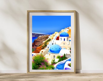 Santorini, Greece watercolor painting, wall art, printable painting, Oia, Greece watercolor painting, DIGITAL DOWNLOAD
