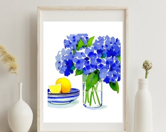 Cartel de acuarela de flores, arte de pared imprimible, decoración del hogar, hortensia y acuarela de limón DESCARGA DIGITAL