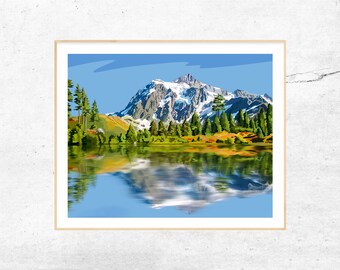 Pacifique Nord-Ouest | Art imprimable | Illustration abstraite | Art téléchargeable | Moderne | Œuvres d’art inspirées du voyage | Mt. Shuksan - France | Mt. Baker