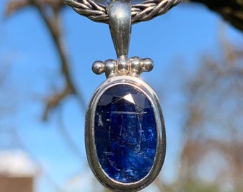 Corn Flower Blue Kyanite Faceted Oval Cabochon Pendant, Handmade in 925 Sterling Silver