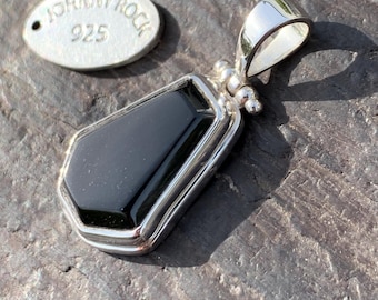 Whitby Jet Coffin Pendant, UK Gemstone, Handmade in 925 Sterling Silver, Gothic Jewellery