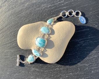 Bracelet en larimar bleu océan, fait main en argent sterling 925, bijoux fins en larimar