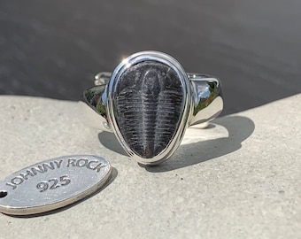 Anello fossile di trilobite Elrathia Kingii, fatto a mano in argento sterling 925, fascia regolabile, gioielli con trilobite