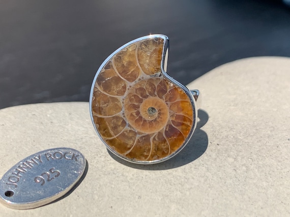 Madagascan Ammonite Ring, Handmade in 925 Sterling Silver, Adjustable Band, Fine Fossil Gemstone Jewellery