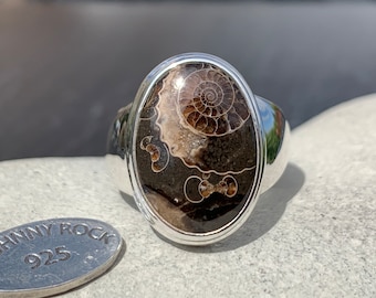 Marston Magna Marble Ammonite Ring, Handmade 925 Sterling Silver, Adjustable Band, UK Fossil Gemstone