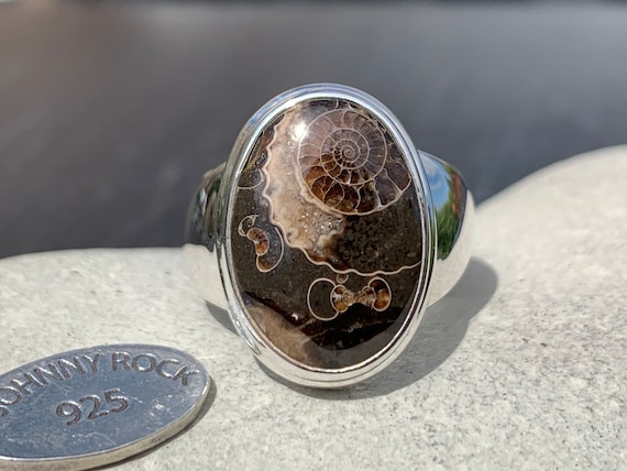 Marston Magna Marble Ammonite Ring, Handmade 925 Sterling Silver, Adjustable Band, UK Fossil Gemstone