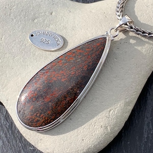 May include: A teardrop-shaped pendant featuring a red and brown fossilized stone set in sterling silver. The pendant is attached to a silver chain with a small tag that reads "Johnny Rock 925".
