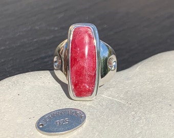 Gemmy Rhodonite Rectangular Cabochon Statement Ring, Handmade in 925 Sterling Silver, Brazil