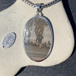 May include: Silver pendant featuring a grey and brown oval stone with a silver frame. The stone has a unique pattern of dark grey and brown markings. The pendant is hanging from a silver chain.