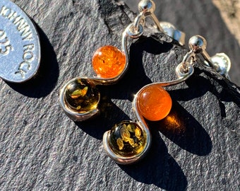 Baltic Amber and Green Amber Drop Earrings, Handmade in 925 Sterling Silver