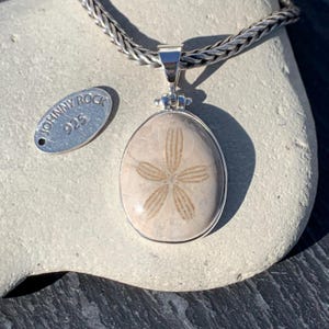 May include: A silver pendant necklace featuring a sand dollar design. The pendant has a light beige oval stone with a star-like pattern, set in a silver frame. A small silver tag with the text "JOHNNY ROCK 925" is also present.