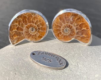 Gemelli con ammonite del Madagascar, realizzati a mano in argento sterling 925, gemelli con fossili di ammonite