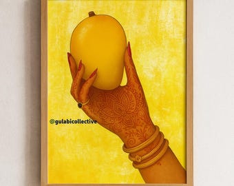 desi girl mango illustration | urdu writing | digital print | wall decor | home decor | Pakistani wall art | Indian wall art | desi wall art