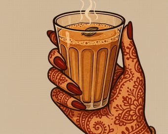 Puede incluir: Ilustración de una mano con tatuajes de henna sosteniendo un vaso de té chai. El té humea y el vaso es transparente. La palabra "chai" está escrita en escritura urdu en la parte superior.
