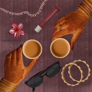 desi girl chai illustration | urdu writing | digital print | wall decor | home decor | Pakistani wall art | Indian wall art | desi wall art